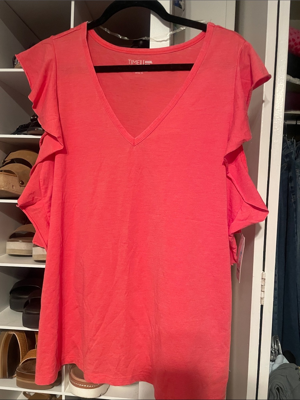 Time and Tru Coral Ruffle-Sleeve V-Neck Tee